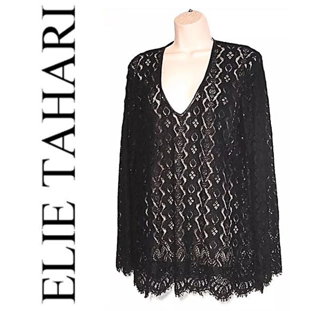 ELIE TAHARI * LEATHER TRIM LACE TOP